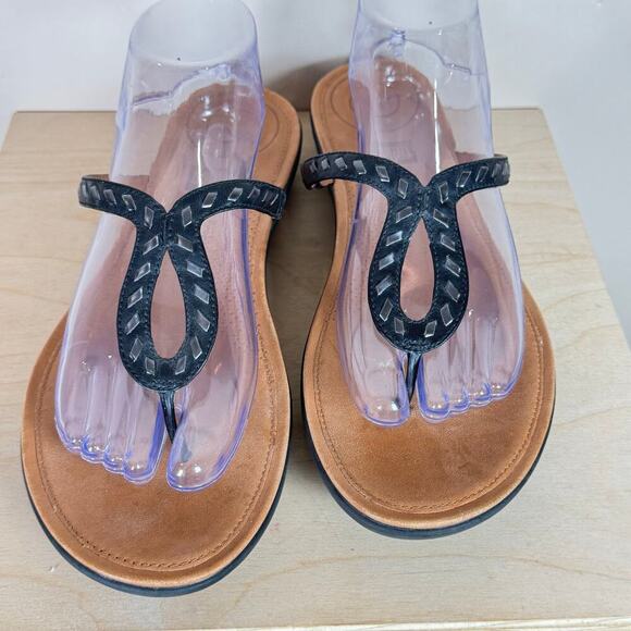 Fitflop Shoes Womens 10 Strata Sandals Black Leather Flip Flop Comfort - Picture 2 of 8